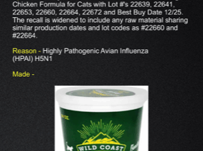 Wild Coast Raw Cat Food Recall